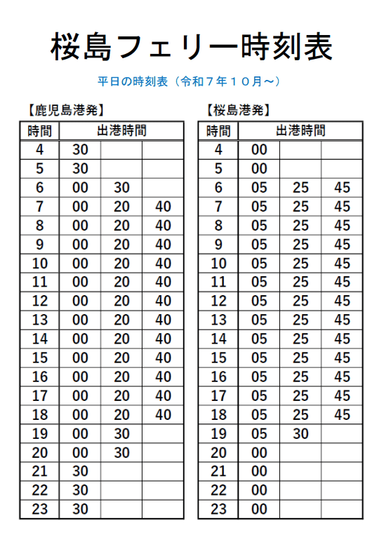 櫻島渡輪平日時刻表